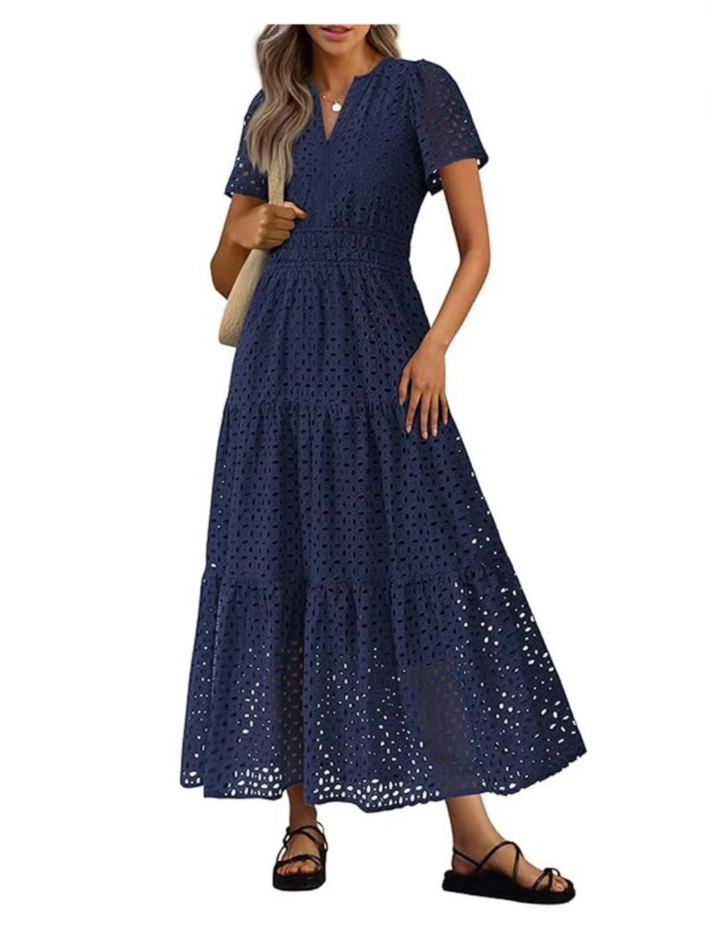 Women’s Navy Eyelet Lace Maxi Dress - V-Neck, Short Sleeve